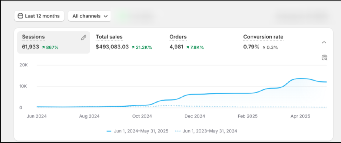 Shopify 12-month sales trend, $493K total sales