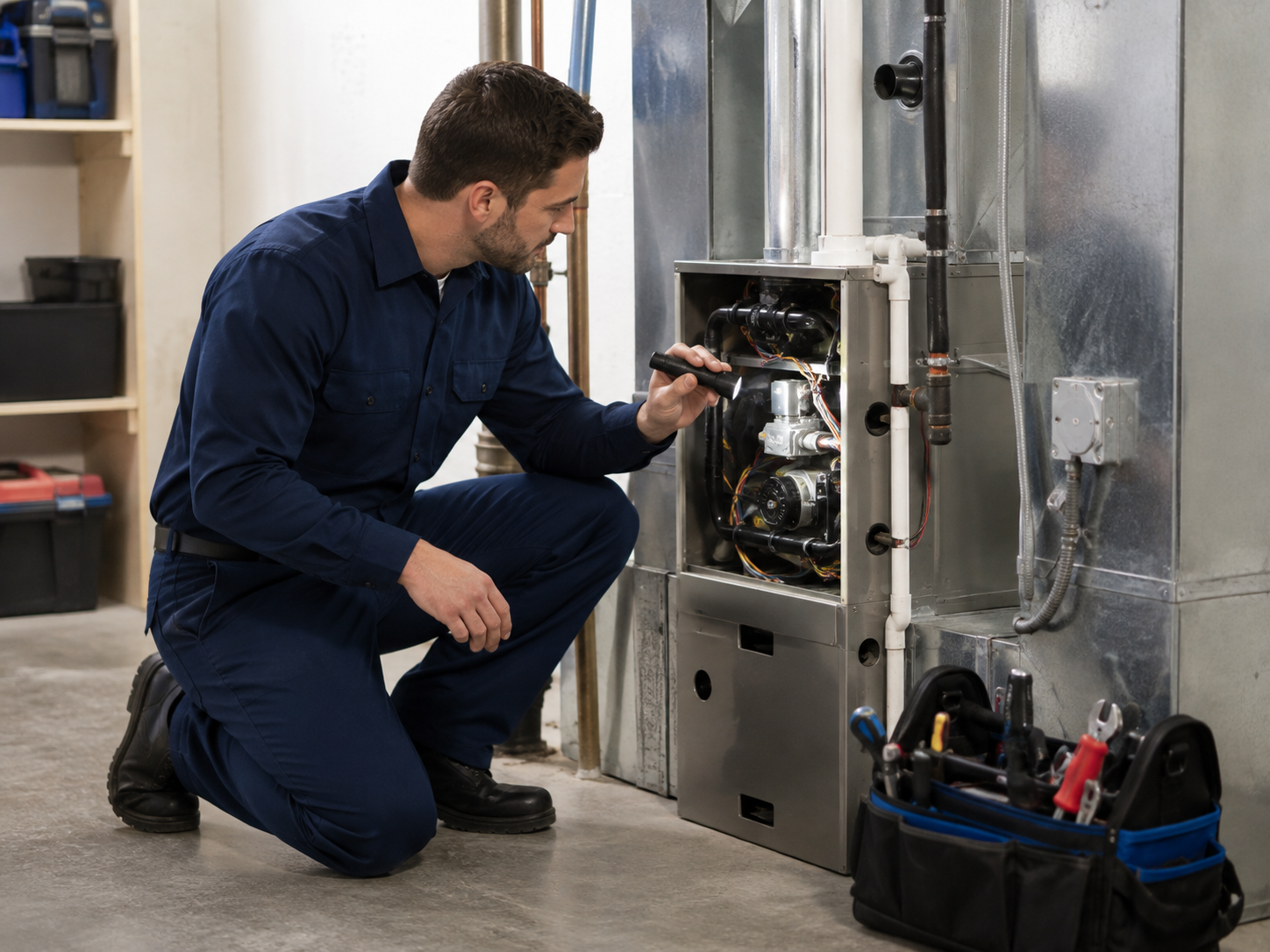 HVAC technician inspecting a residential furnace system