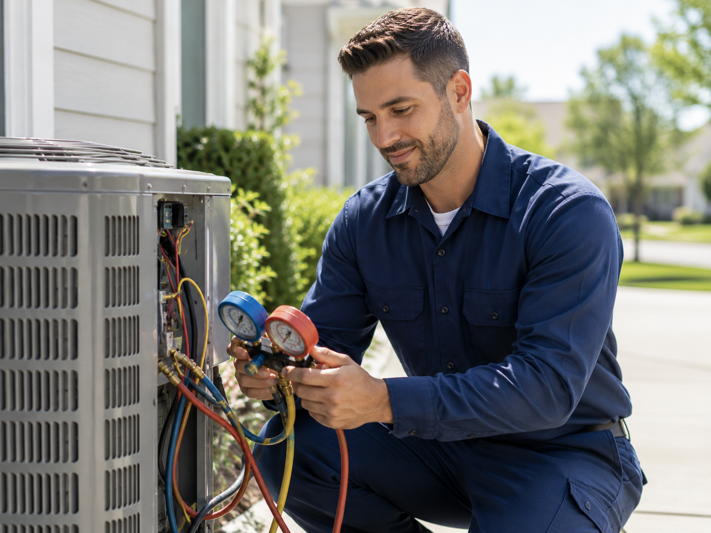 HVAC technician servicing an outdoor air conditioning unit
