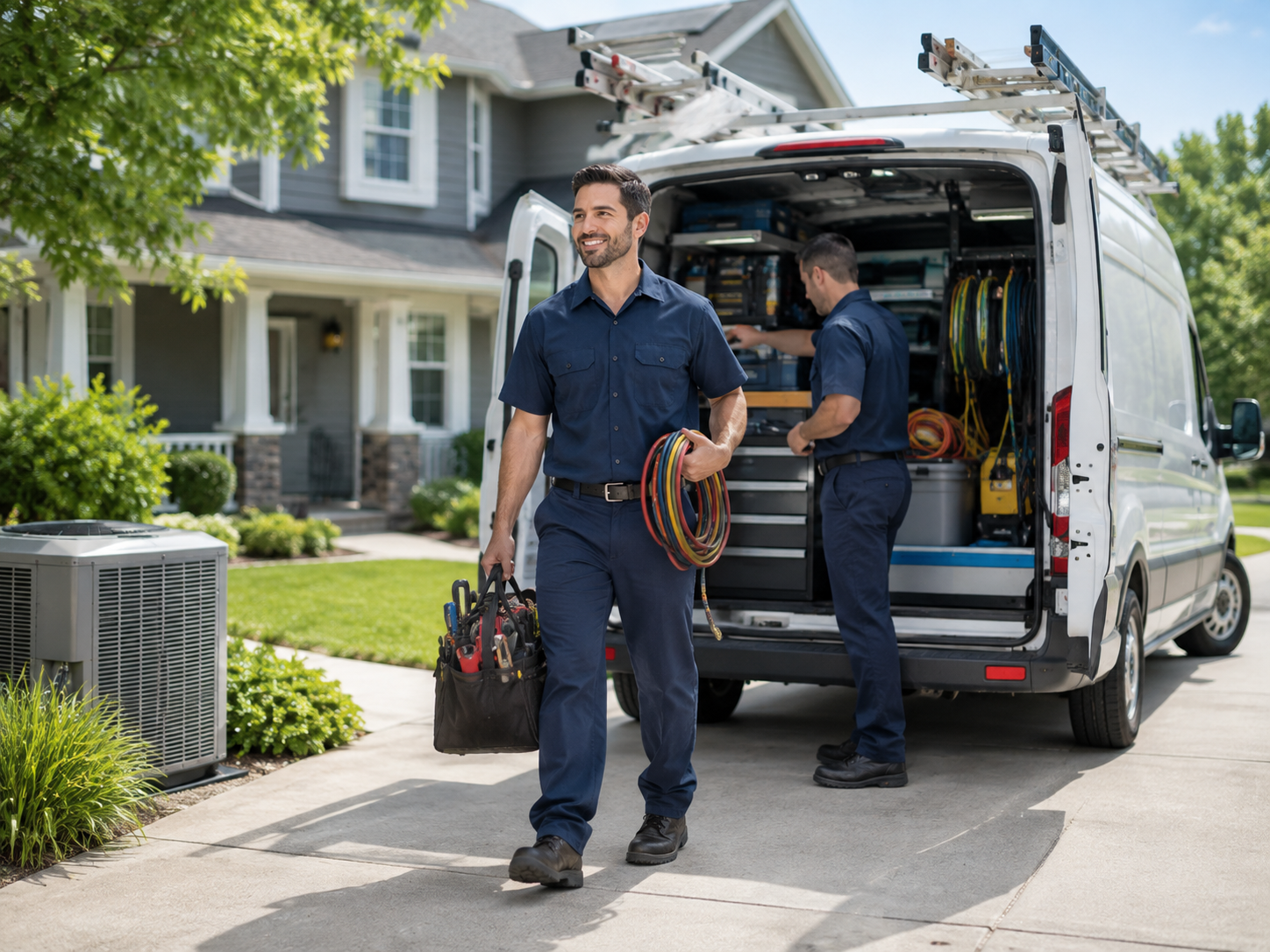 HVAC technicians preparing for a residential service call