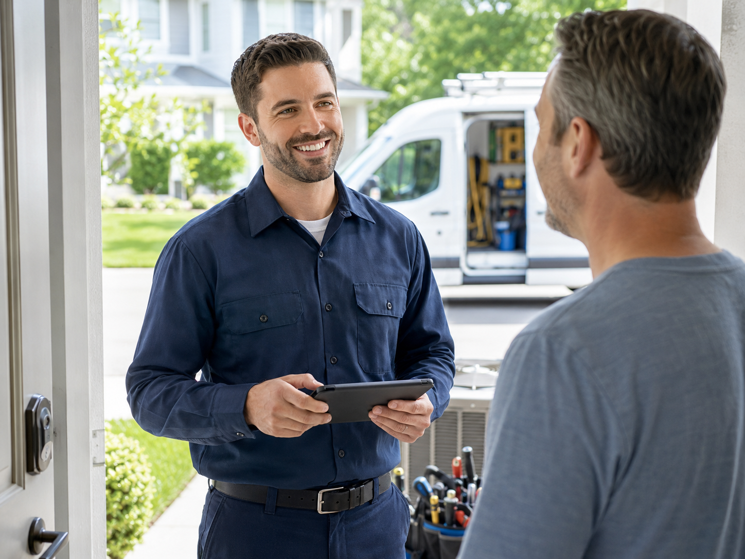 HVAC technician speaking with homeowner at front door